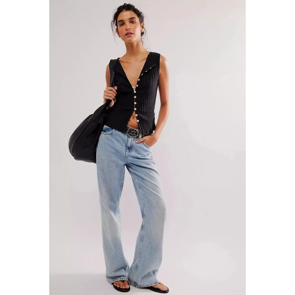 Free People Tilly Vest Blouse Top Black Ribbed Buttondown Scoop-Neck S 289392